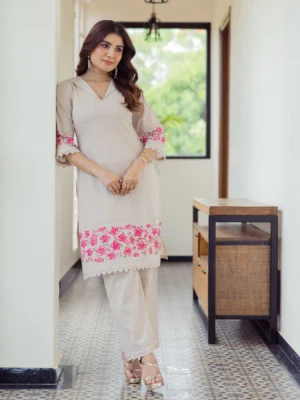 Twilight Beige Handpainted Cotton Coord Set