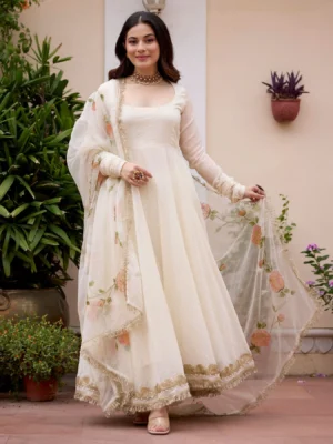 Gulnaar Off White Handpainted Chanderi Suit Set