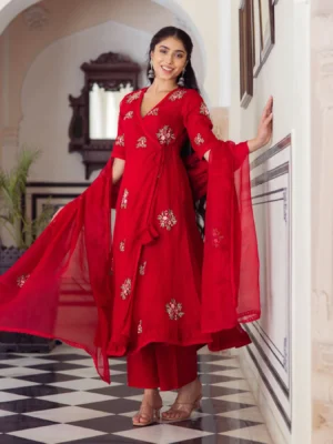 Ruby Red Embroidered Doria Suit Set
