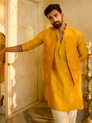Balraj Yellow Embroidered Chanderi Jacket And Kurta Set