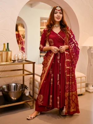Maroon Angrakha Bandhej Suit Set