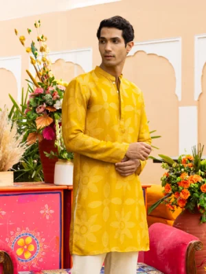 Yuvan Yellow Bandhani Chanderi Kurta