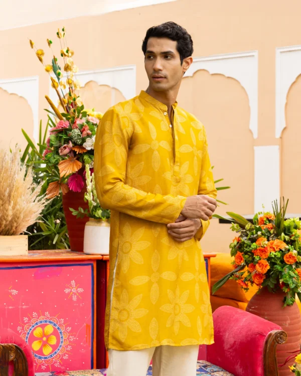 Yuvan Yellow Bandhani Chanderi Kurta