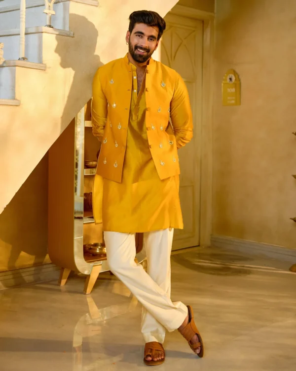 Balraj Yellow Embroidered Chanderi Jacket And Kurta Set