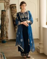 Jai Blue Embroidered Velvet Suit Set