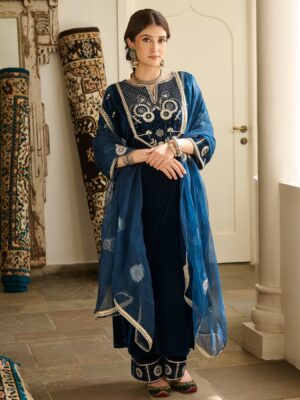 Jai Blue Embroidered Velvet Suit Set