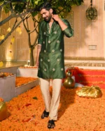 Devrat Dark Green Embroidered Chanderi Kurta