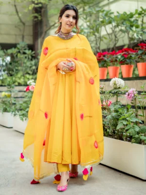 Yellow Organza Handpainted Suit Set