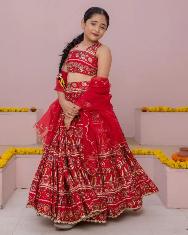 Nashra Red Printed Chanderi Lehenga Set