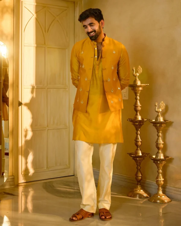 Balraj Yellow Embroidered Chanderi Jacket And Kurta Set