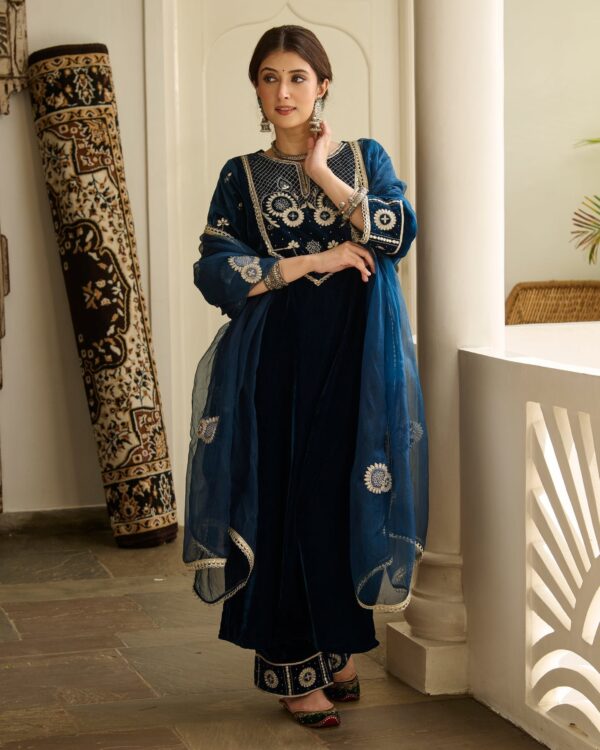 Jai Blue Embroidered Velvet Suit Set