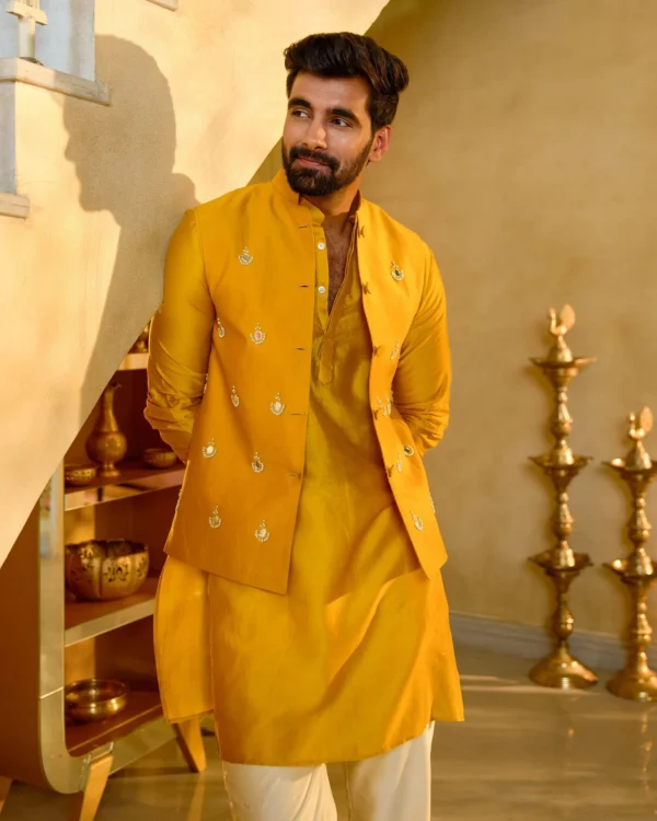 Balraj Yellow Embroidered Chanderi Jacket And Kurta Set