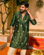 Devrat Dark Green Embroidered Chanderi Kurta