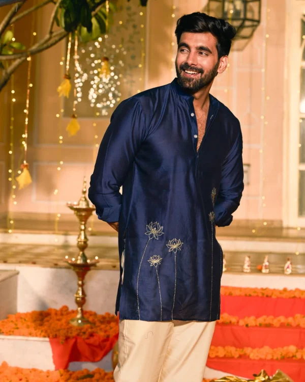 Neelkanth Navy Embroidered Chanderi Kurta