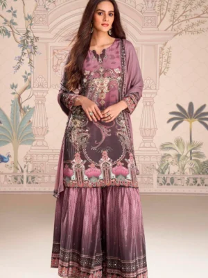 Mauve Crepe Silk Mirror Work Ready Made Suit