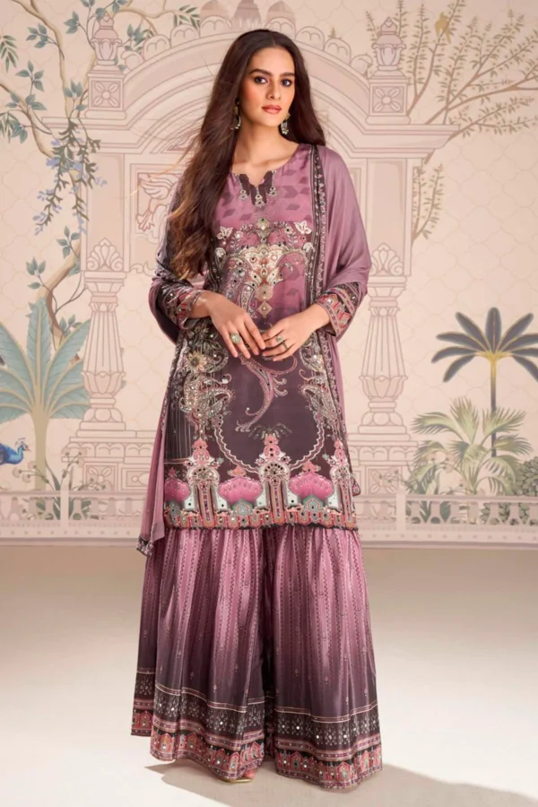 Mauve Crepe Silk Mirror Work Ready Made Suit