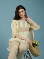 ALL YOURS Women's Chiffon Dobby Floral Embroidered Round Neck Puff Sleeve Top A-line Top| Tops for Women Embroidery Tops for Women