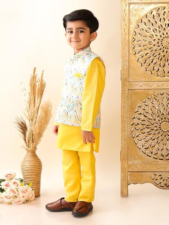 superminis Boys Cotton Printed Gota Work Kurta Pyjama with Jacket Ethnic Wear Set