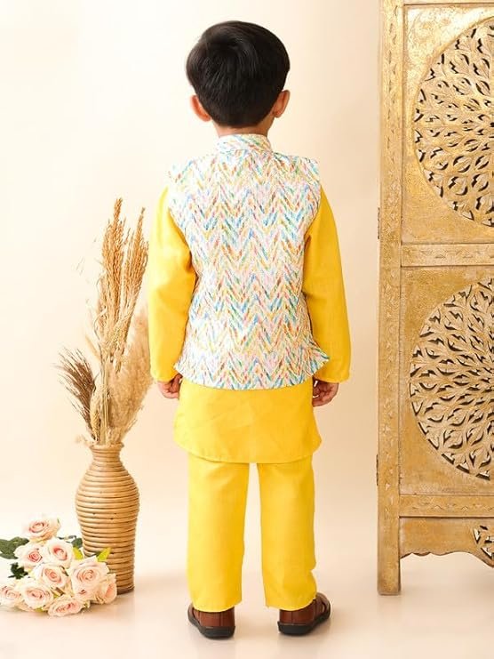 superminis Boys Cotton Printed Gota Work Kurta Pyjama with Jacket Ethnic Wear Set