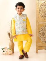 superminis Boys Cotton Printed Gota Work Kurta Pyjama with Jacket Ethnic Wear Set