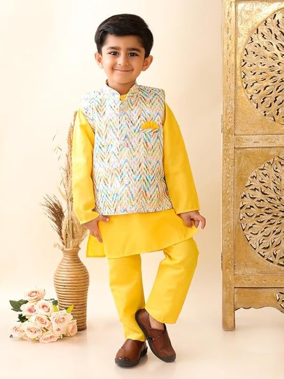 superminis Boys Cotton Printed Gota Work Kurta Pyjama with Jacket Ethnic Wear Set