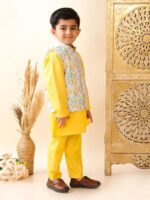 superminis Boys Cotton Printed Gota Work Kurta Pyjama with Jacket Ethnic Wear Set
