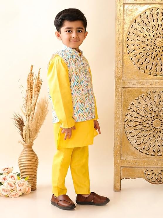 superminis Boys Cotton Printed Gota Work Kurta Pyjama with Jacket Ethnic Wear Set
