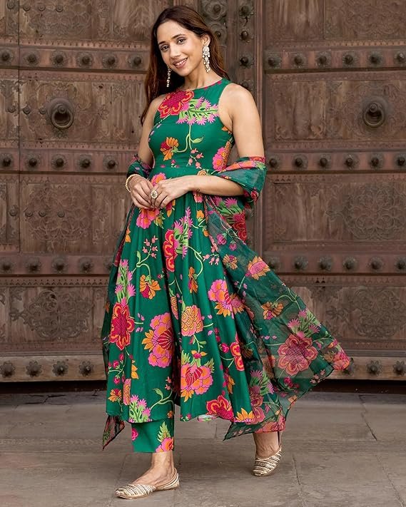 ANNI DESIGNER Women's Cotton Blend Anarkali Printed Kurta with Pant & Dupatta