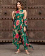 ANNI DESIGNER Women's Cotton Blend Anarkali Printed Kurta with Pant & Dupatta