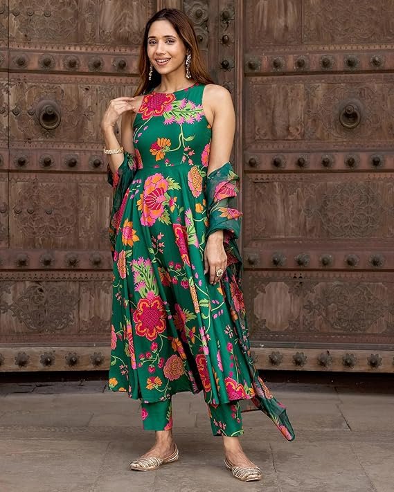 ANNI DESIGNER Women's Cotton Blend Anarkali Printed Kurta with Pant & Dupatta