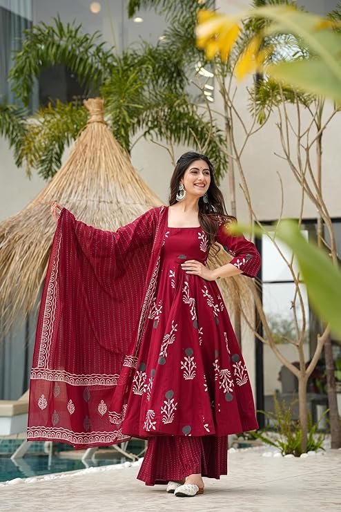 ANNI DESIGNER | Rayon Anarkali Printed Kurta Pant Dupatta Set